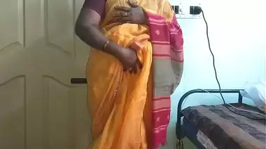 desi indian horny tamil telugu kannada malayalam hindi cheating wife vanitha wearing orange colour saree showing big boobs and shaved pussy press ha